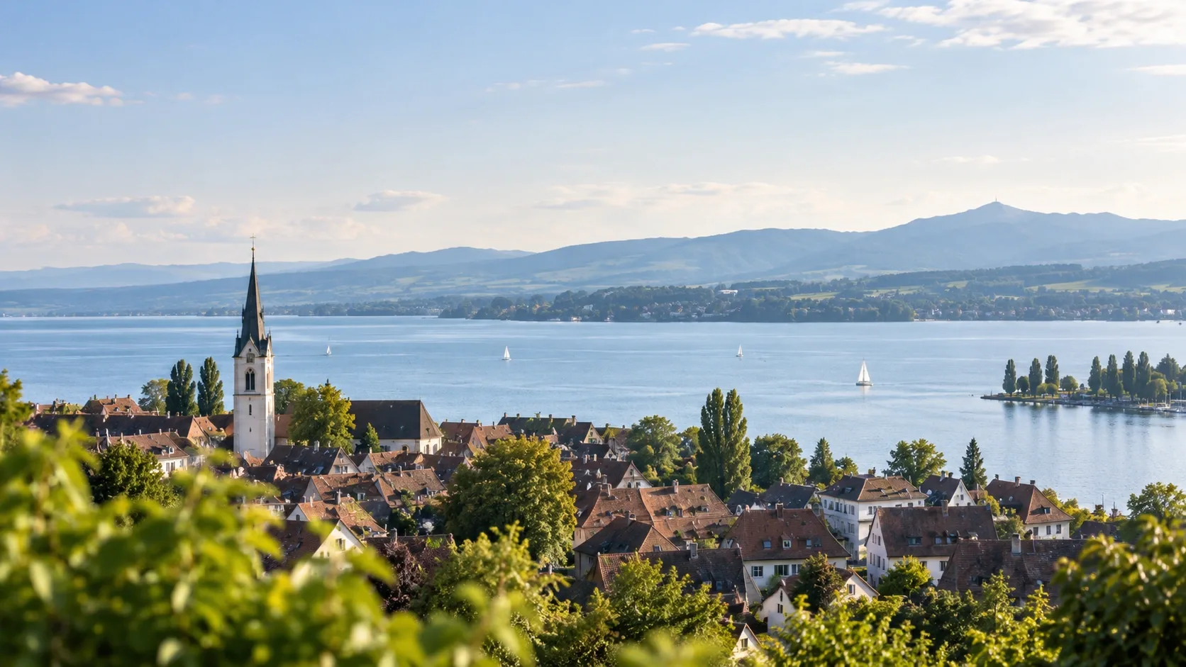 Blick über die Dächer am Bodensee auf See und Berge