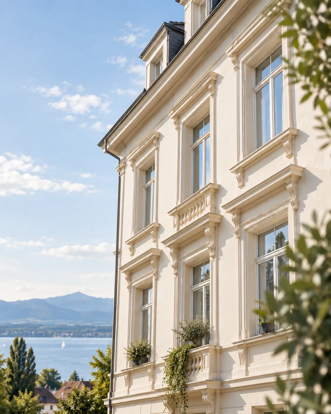 Helle Wohnhausfassade mit Blick auf den Bodensee